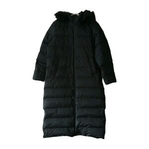 Lands End Long Parka Womens L Black Down Quilted Removable Hood Faux Fur SideZip